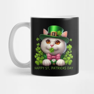 Happy St. Patricks Day Irish White Cat Holding A Shamrock Lucky Mug